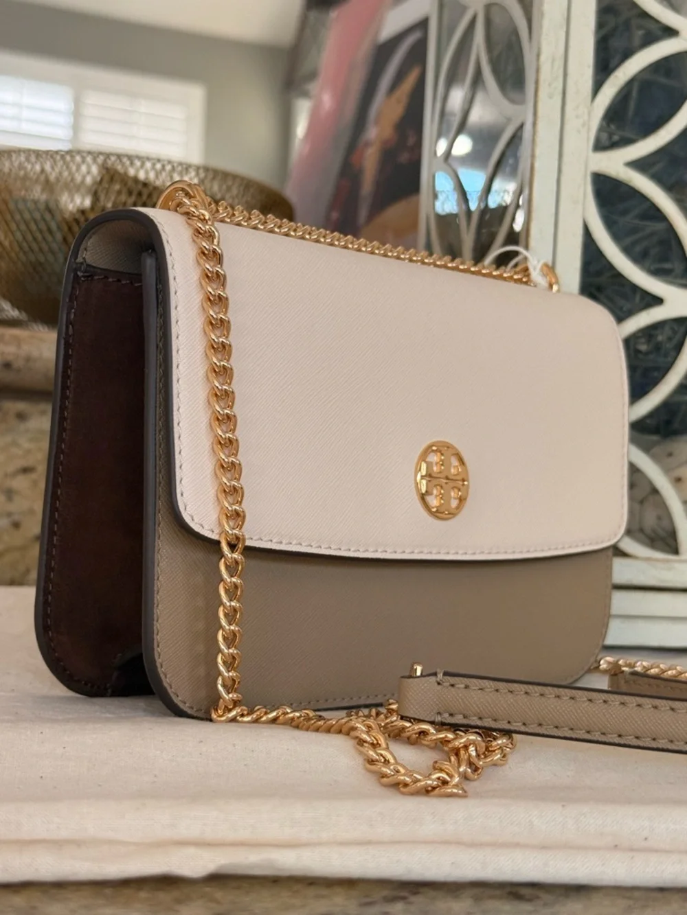 New Tory Burch COLOR-BLOCK SHOULDER BAG BRIE / ALMOND / COLD BREW